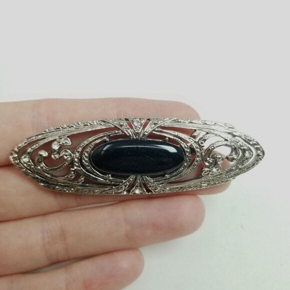Vintage Black and Silver Tone Oval Shape Brooch, Cabochon Center, Unisex Estate - Picture 1 of 6
